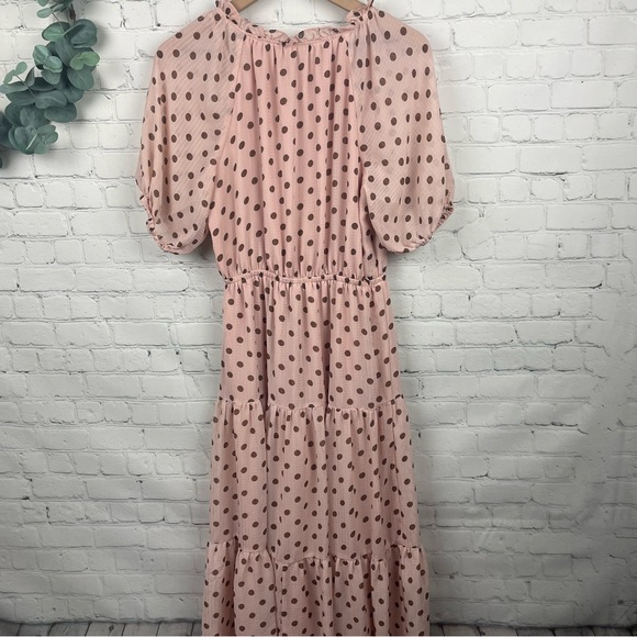 LULUS Love You Tier-ly Tiered Midi Blush Pink Brown Polka Dot Midi Dress size S - Picture 3 of 8